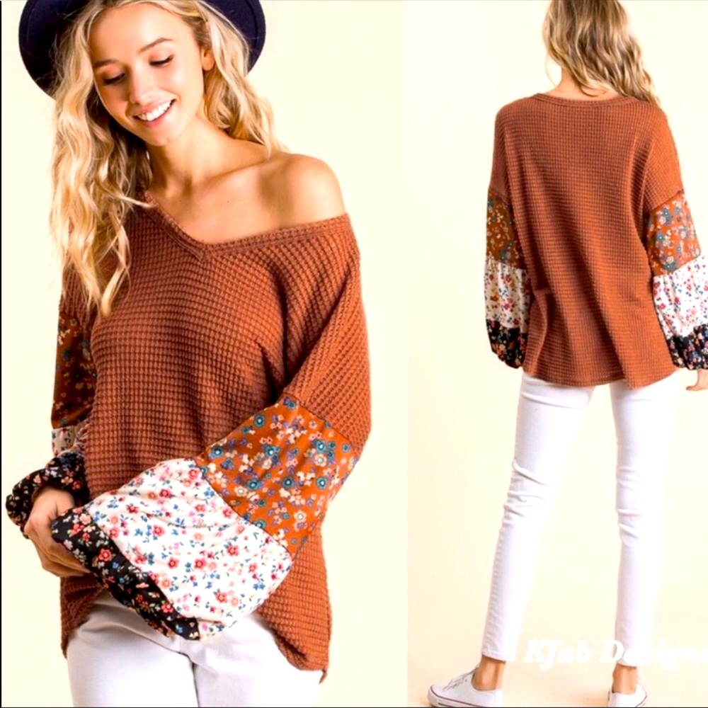 Stunning🔥Brown waffle weave top w/balloon sleeves
